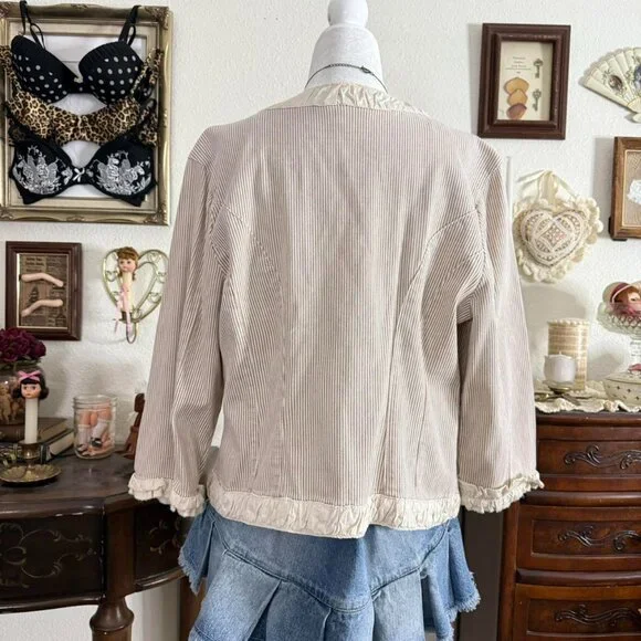 y2k girly grunge preppy twee brown and cream ruffled pinstripe jacket w hook and - Picture 4 of 5